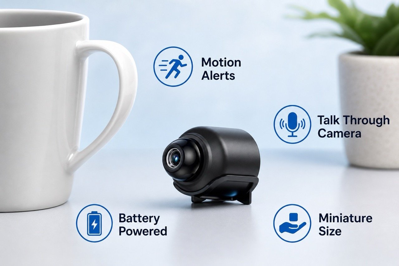Mini spy camera with motion alerts, talk-through audio, battery power and miniature size