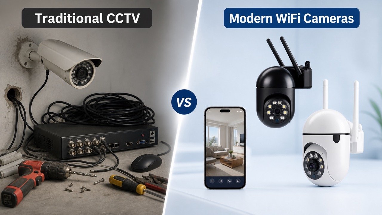 Traditional wired CCTV compared with modern smart WiFi cameras